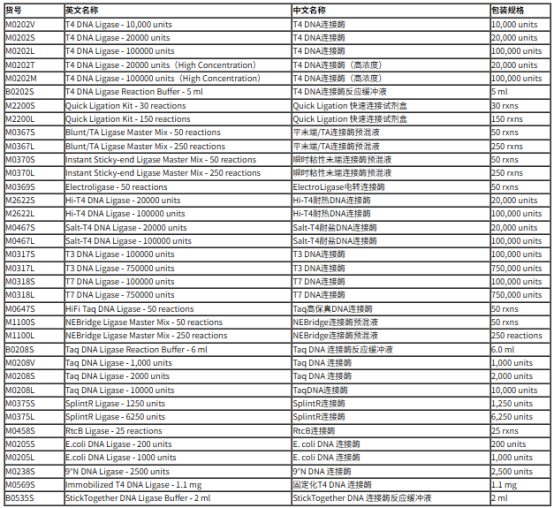 NEB DNA連接酶 -重組T4 DNA連接酶、T4快速連接酶、T7 DNA連接酶