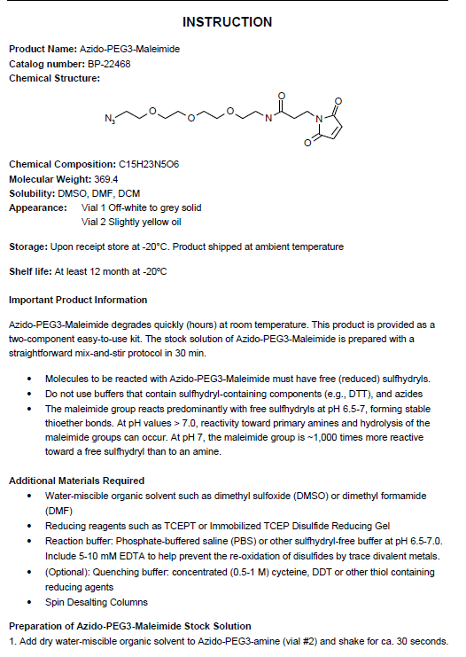 BroadPharm品牌BP-22468貨號(hào)Azido-PEG3-Maleimide Kit產(chǎn)品說(shuō)明書