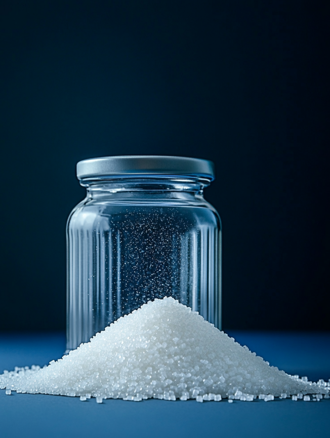 簡(jiǎn)約風(fēng)透明玻璃罐白色糖堆冷淡色調(diào)商業(yè)照片（商業(yè)使用）